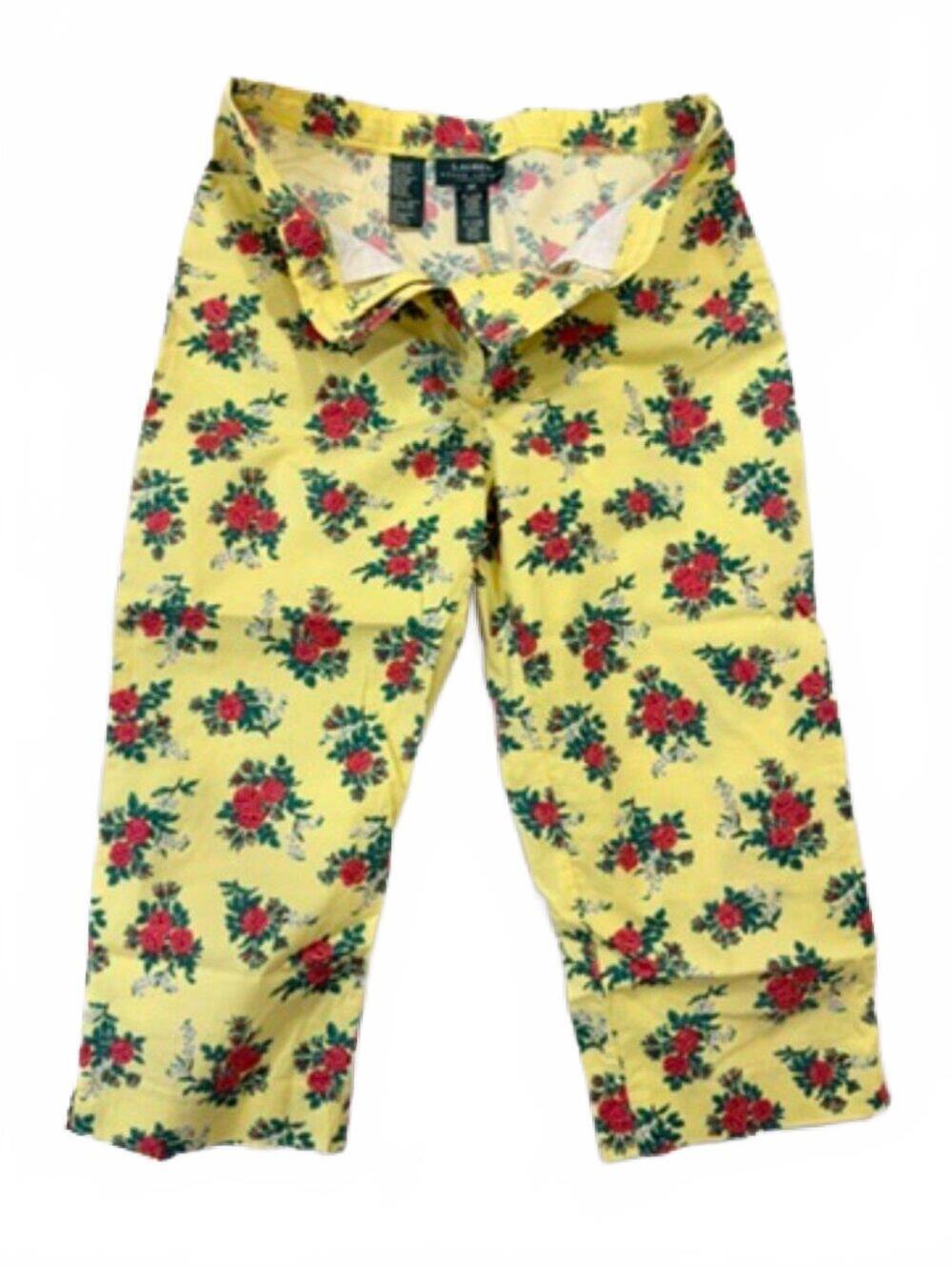 Lauren Ralph Lauren Floral Capri Pants Size 10 Petite Yellow Rose Print Cottage
